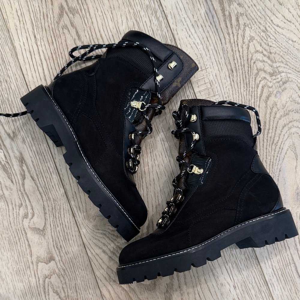 Louis Vuitton Black Combat Boots with Gold Accents
